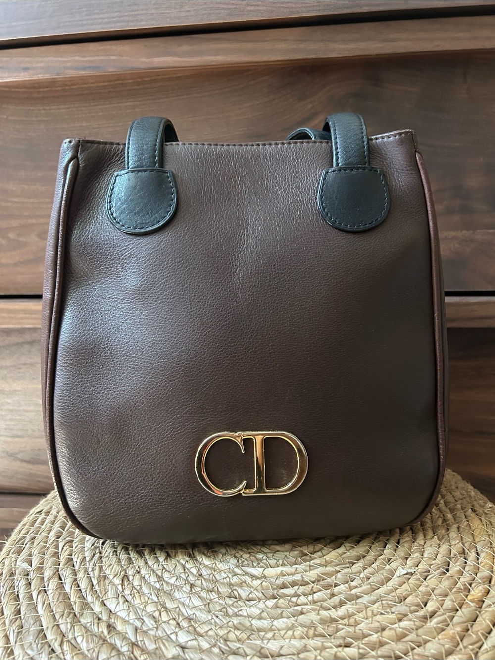 Christian Dior Vintage Brown Black Leather with Gold CD Emblem Shoulder Bag
